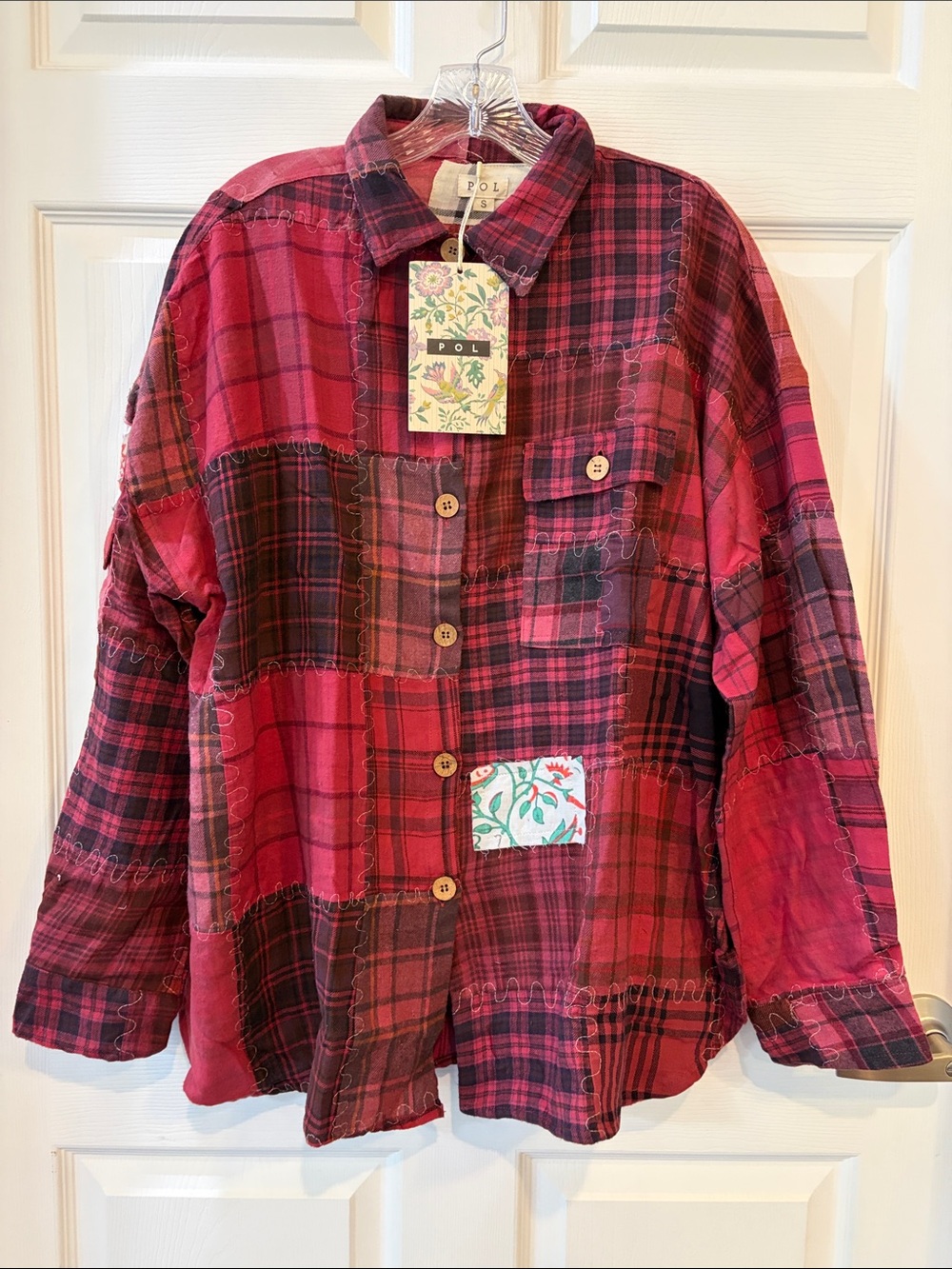 POL NWT Vintage Oversized Red Plaid Patchwork Stitch Button-Down Flannel Shirt